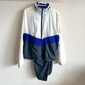 Pierre Cardin 90s White Blue & Gray Nylon Windbreaker Jacket & Pants Track Suit